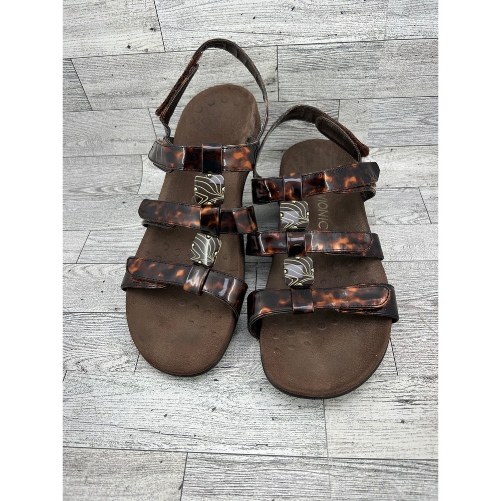 Vionic Amber Tortoise Shell Patent Adjustable‎ Backstrap Sandals Women Size 10